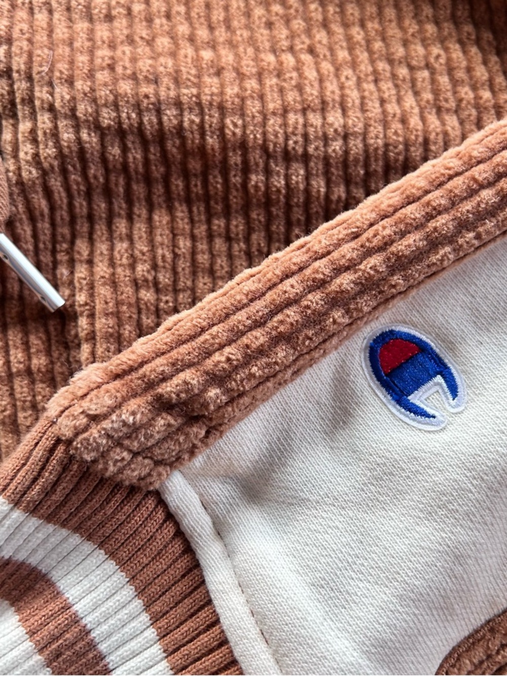 Champion Rust Brown Cropped Corduroy Hoodie with White Panels - Picture 4 of 7